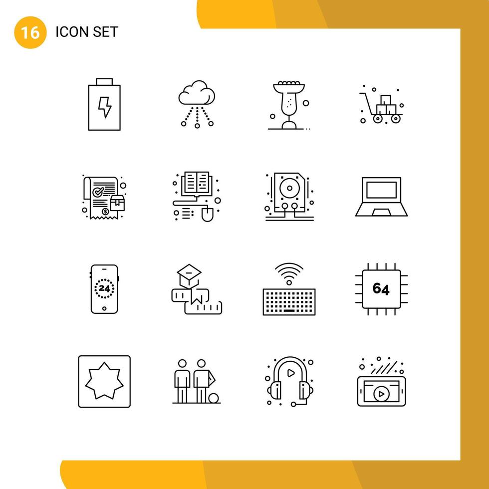 Pack of 16 Modern Outlines Signs and Symbols for Web Print Media such as order shipping food fragile cart Editable Vector Design Elements