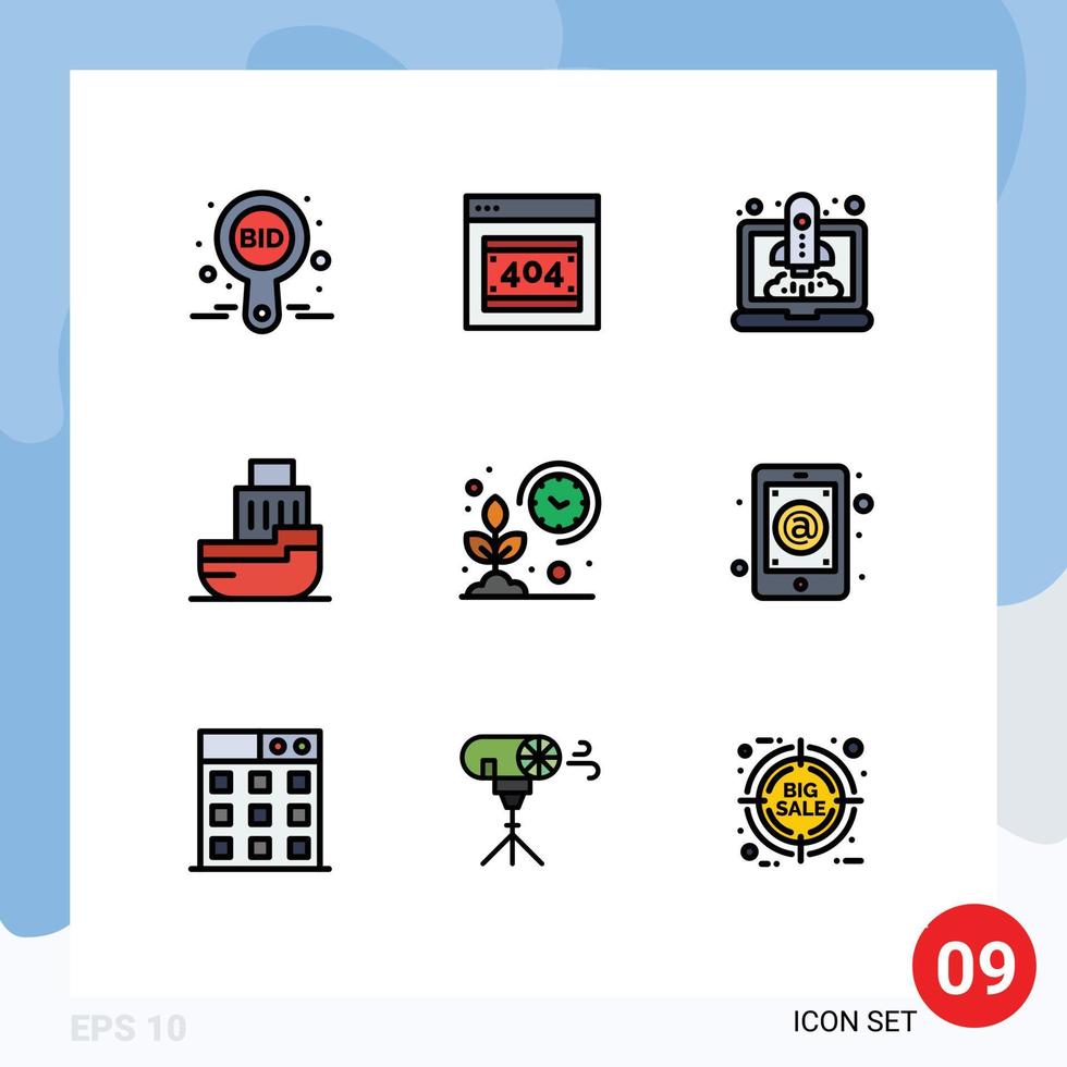 Set of 9 Vector Filledline Flat Colors on Grid for transfer ship server logistic startup Editable Vector Design Elements