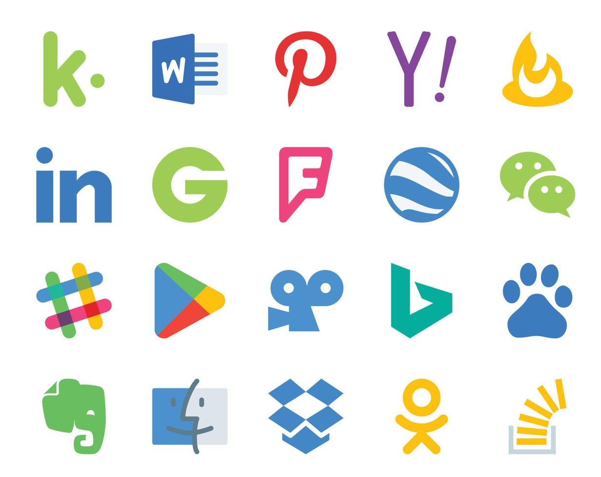 Paquete de 20 íconos de redes sociales que incluye aplicaciones Bing Foursquare Google Play Slack vector