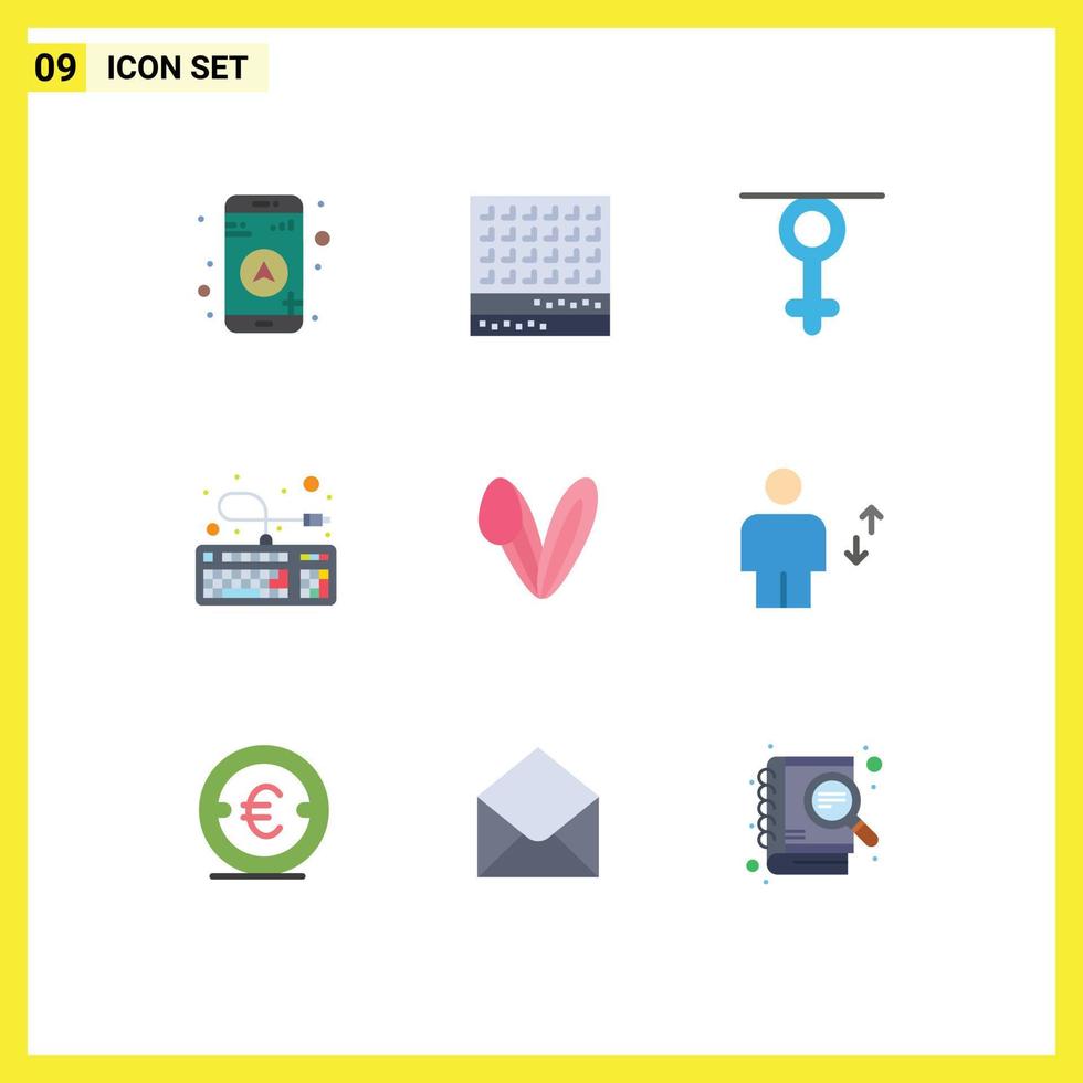 Modern Set of 9 Flat Colors Pictograph of bunny connection gender hardware computer Editable Vector Design Elements