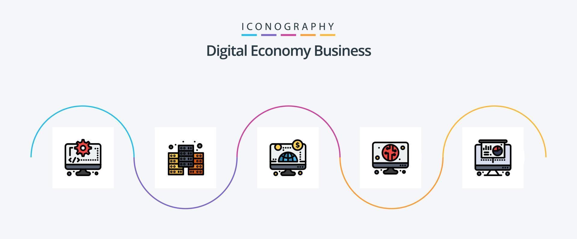 la línea de negocios de economía digital llenó el paquete de iconos planos 5 que incluye . proyector. en línea. computadora. computadora vector