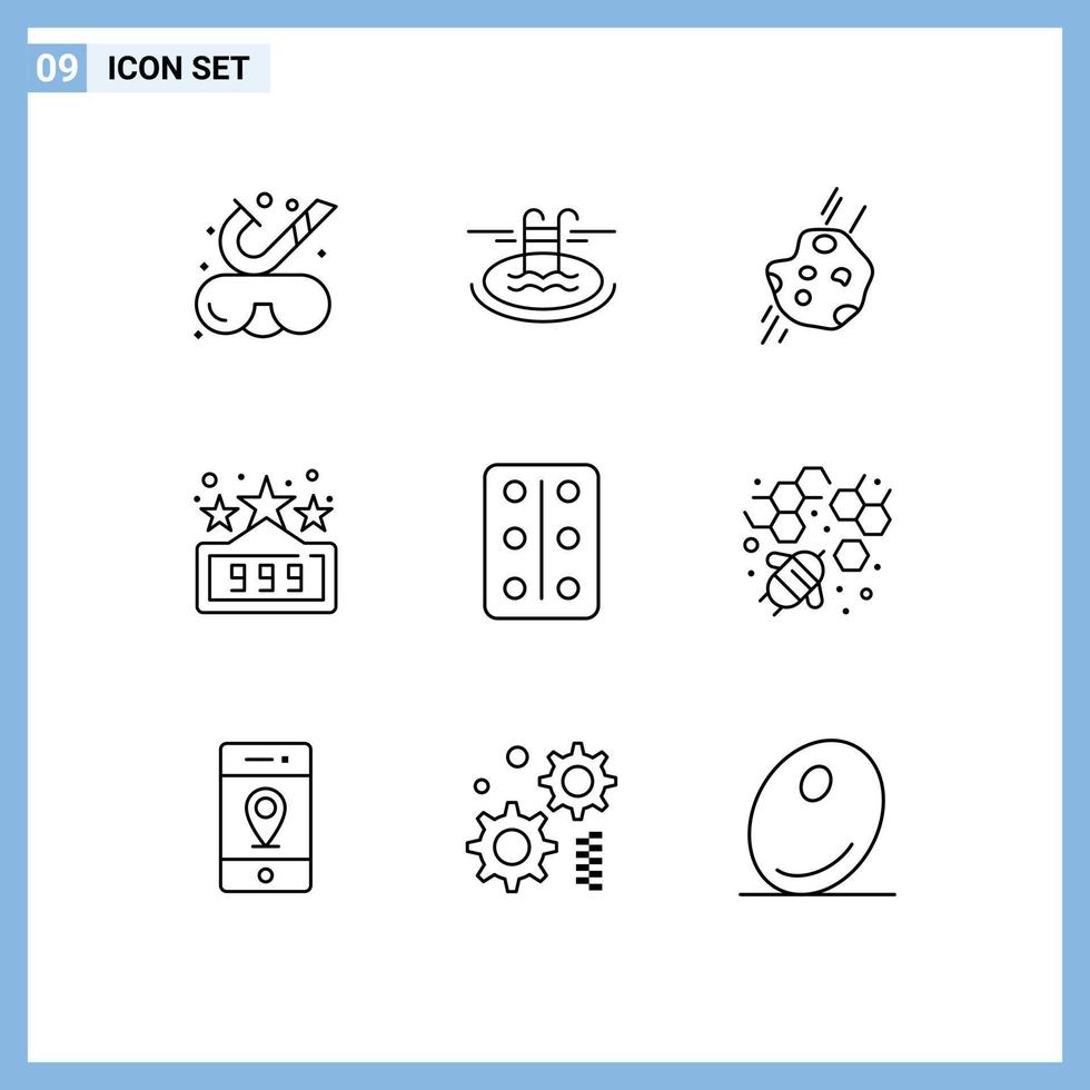 Mobile Interface Outline Set of 9 Pictograms of remedy game asteroid fun comet Editable Vector Design Elements