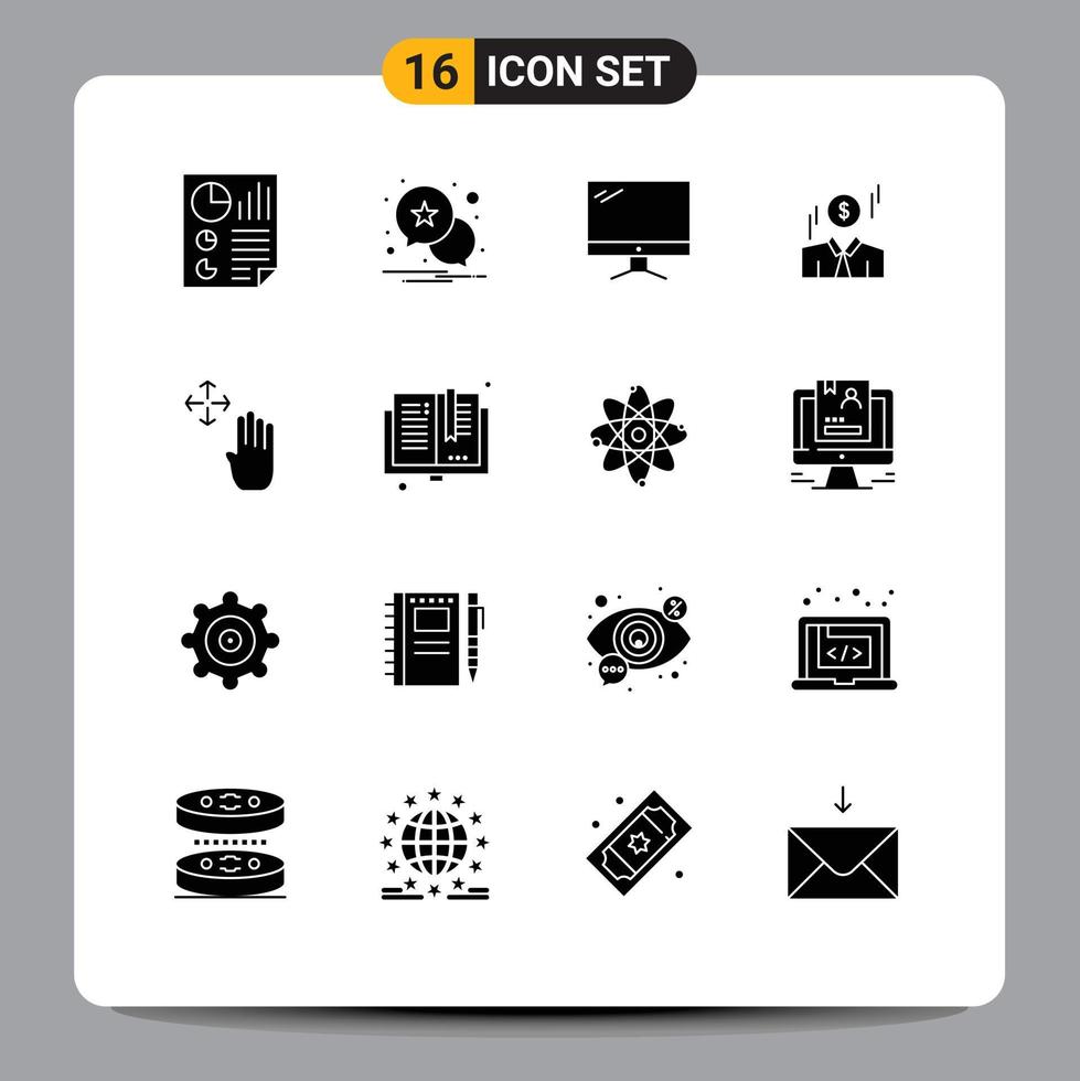 conjunto moderno de 16 glifos y símbolos sólidos, como elementos de diseño de vectores editables de pc de dólar de computadora de hombre de mano