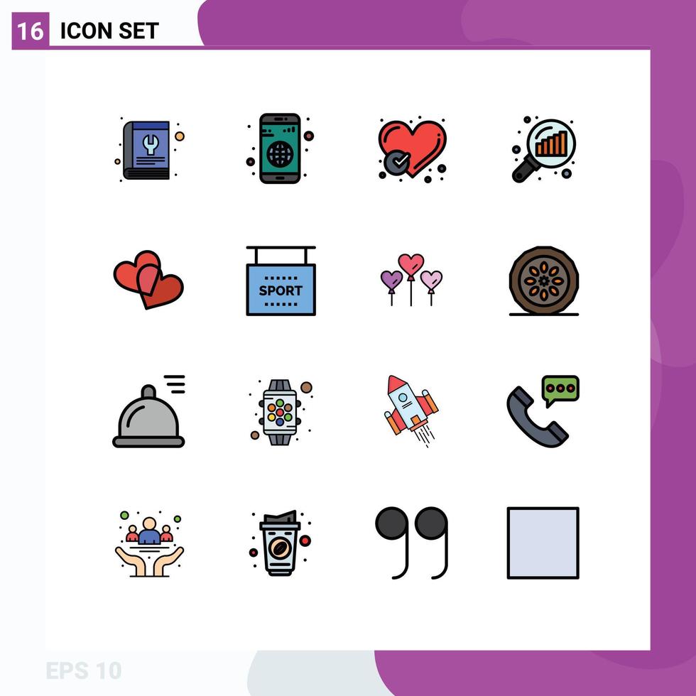 16 Thematic Vector Flat Color Filled Lines and Editable Symbols of search stats graph analysis mobile data analyzing heart Editable Creative Vector Design Elements