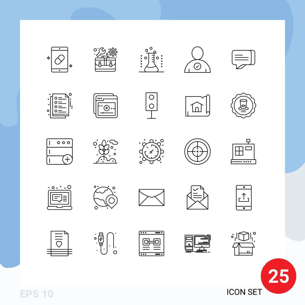 Pack of 25 Modern Lines Signs and Symbols for Web Print Media such as chat complete settings check laboratory Editable Vector Design Elements