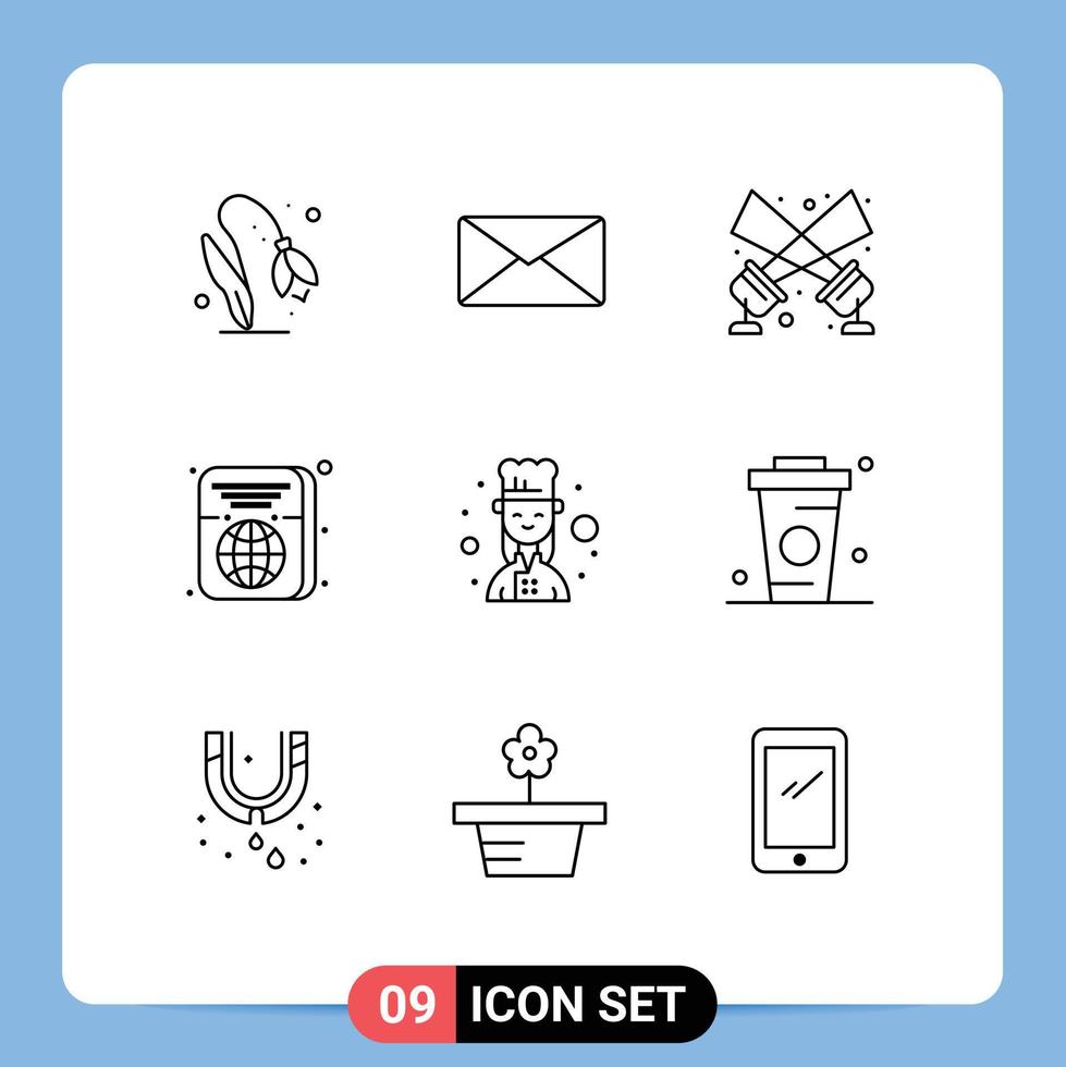 Editable Vector Line Pack of 9 Simple Outlines of cook id flashlight travel passport Editable Vector Design Elements