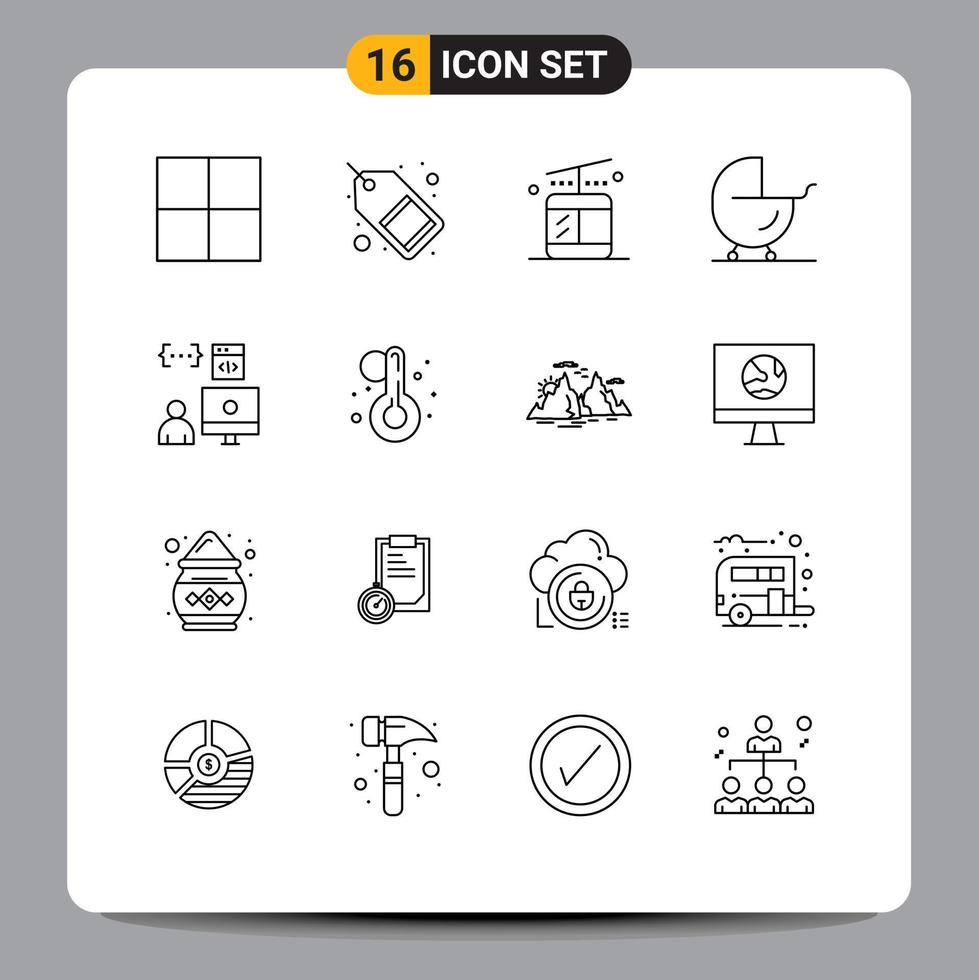 Pack of 16 creative Outlines of development coding regular app carriage Editable Vector Design Elements