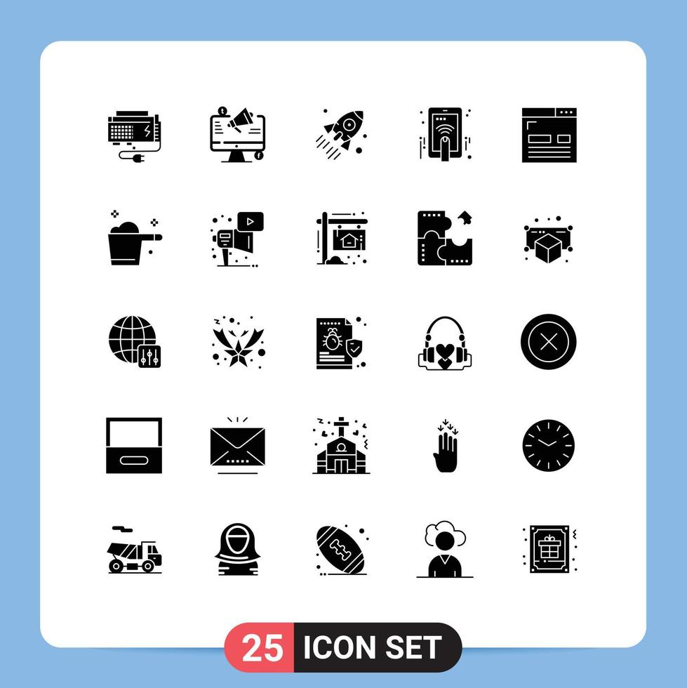 Solid Glyph Pack of 25 Universal Symbols of touch hand megaphone project business Editable Vector Design Elements