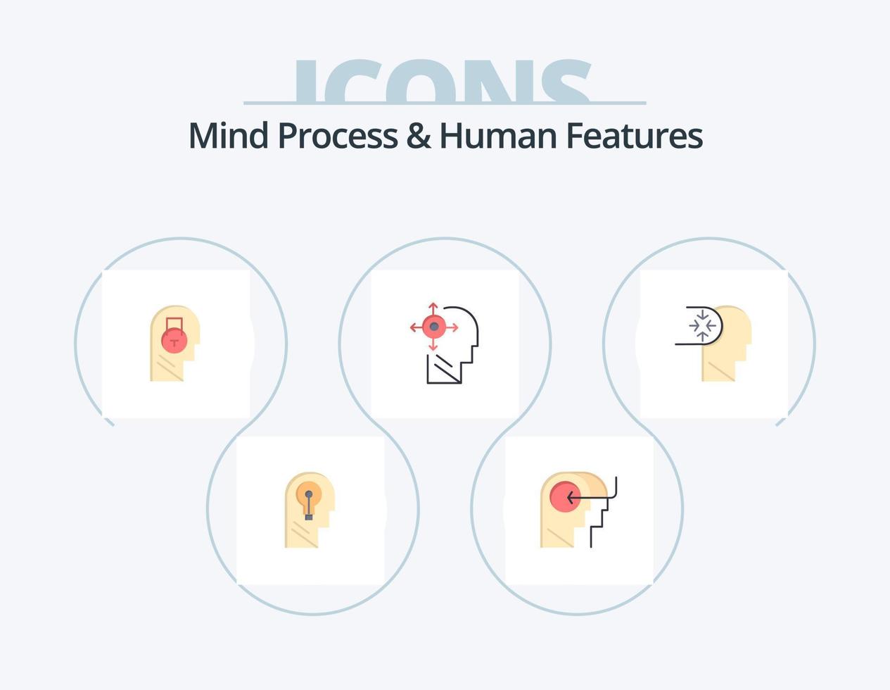 proceso mental y características humanas paquete de iconos planos 5 diseño de iconos. cabeza. transformar. mente. mente. datos vector