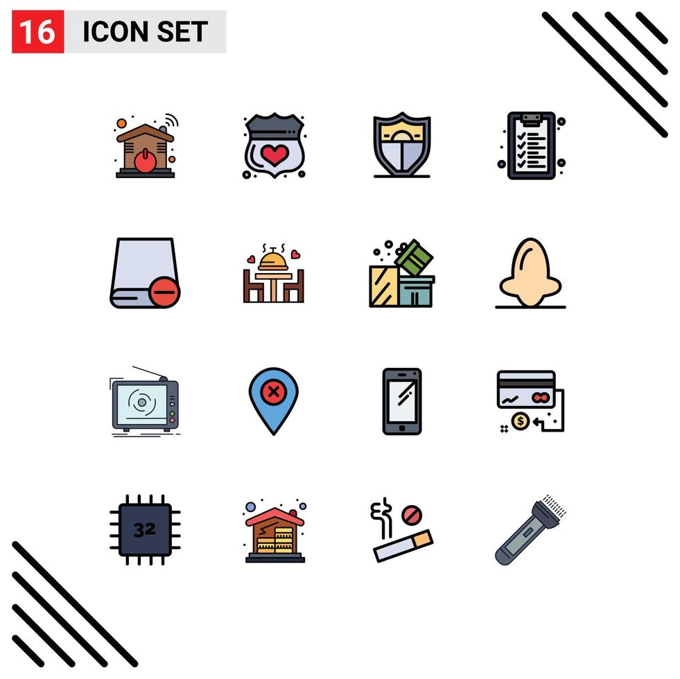 Flat Color Filled Line Pack of 16 Universal Symbols of drive computers shield learning checklist Editable Creative Vector Design Elements