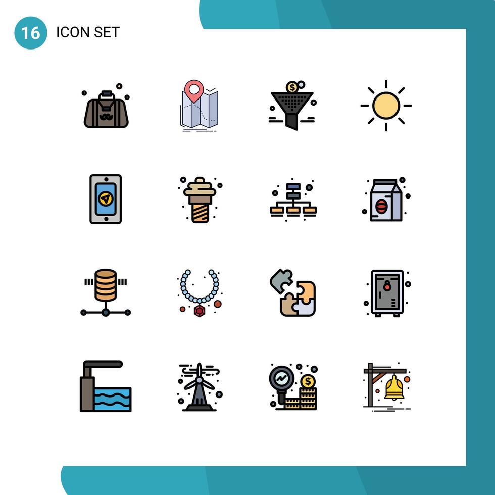 Modern Set of 16 Flat Color Filled Lines Pictograph of pin sun navigation brightness percent gain Editable Creative Vector Design Elements