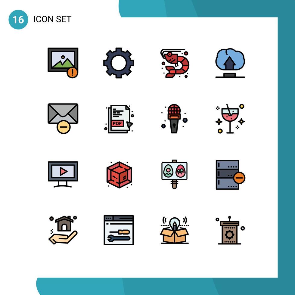 Universal Icon Symbols Group of 16 Modern Flat Color Filled Lines of pdf mail food delete upload Editable Creative Vector Design Elements