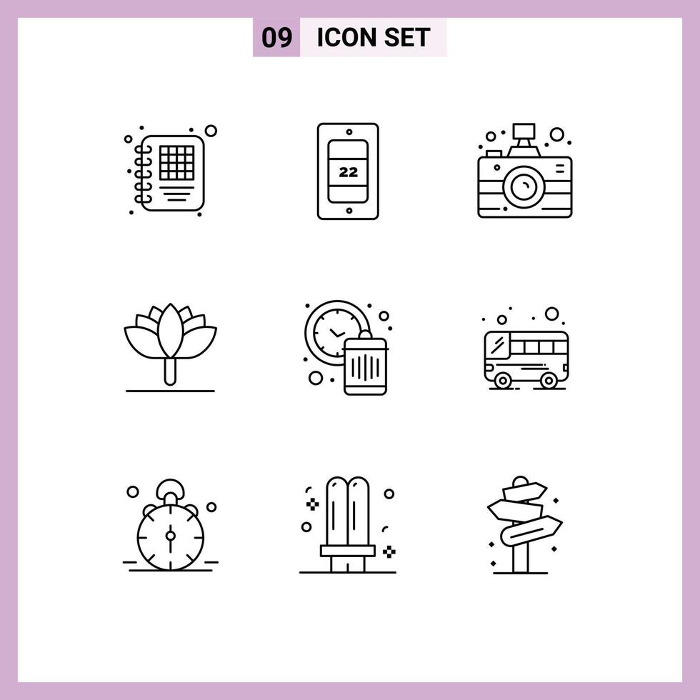 Modern Set of 9 Outlines and symbols such as bus time media management tulip Editable Vector Design Elements