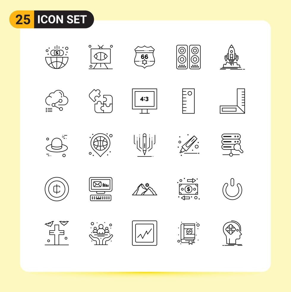 Set of 25 Commercial Lines pack for launch movie television entertaiment security Editable Vector Design Elements