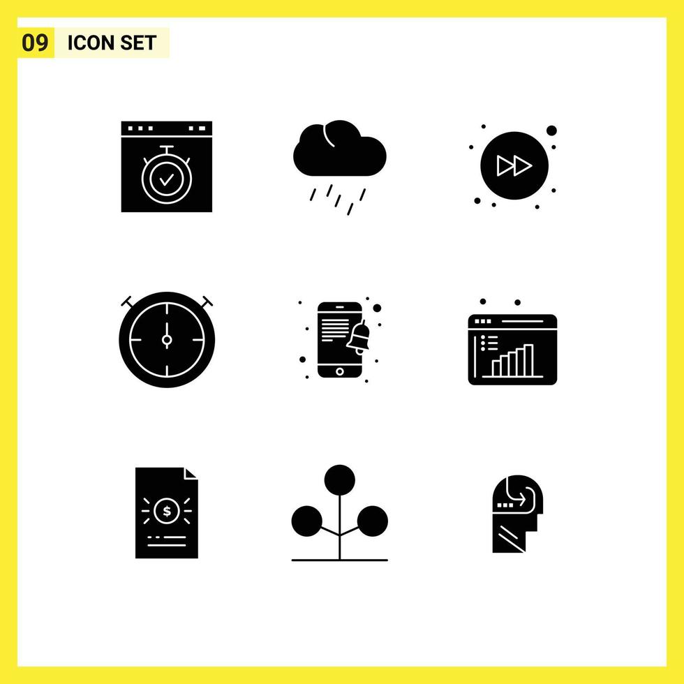 Universal Icon Symbols Group of 9 Modern Solid Glyphs of business report notification weather mobile stopwatch Editable Vector Design Elements