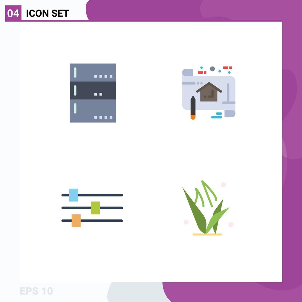 Modern set of 4 flat icons pictograph of admin design server blue print