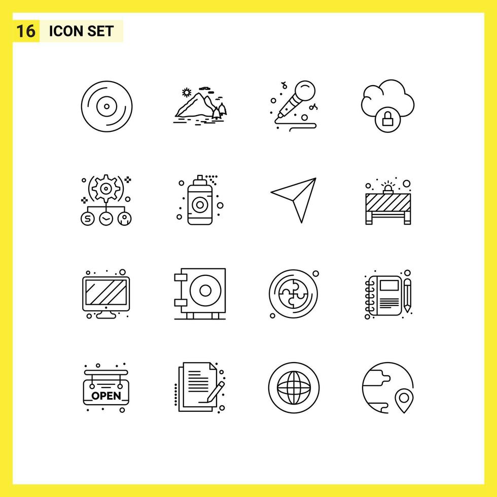 User Interface Pack of 16 Basic Outlines of user task mic lock cloud Editable Vector Design Elements