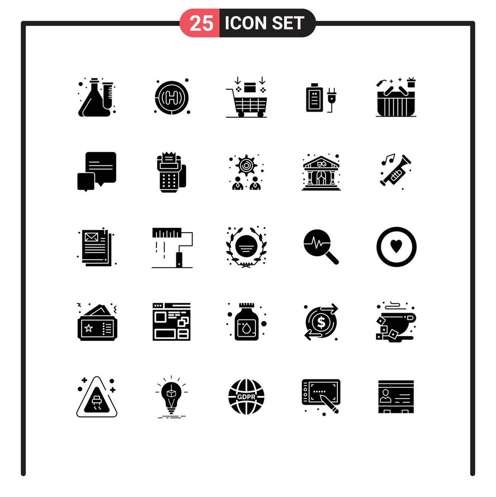 grupo universal de símbolos de icono de 25 glifos sólidos modernos de elementos de diseño de vector editables de carga de ai de enchufe de cesta de san valentín
