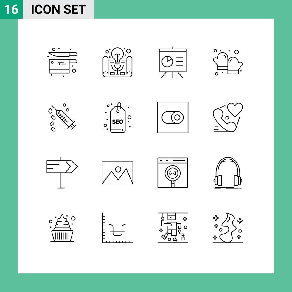 16 Thematic Vector Outlines and Editable Symbols of vaccine injection analytics glove baking Editable Vector Design Elements