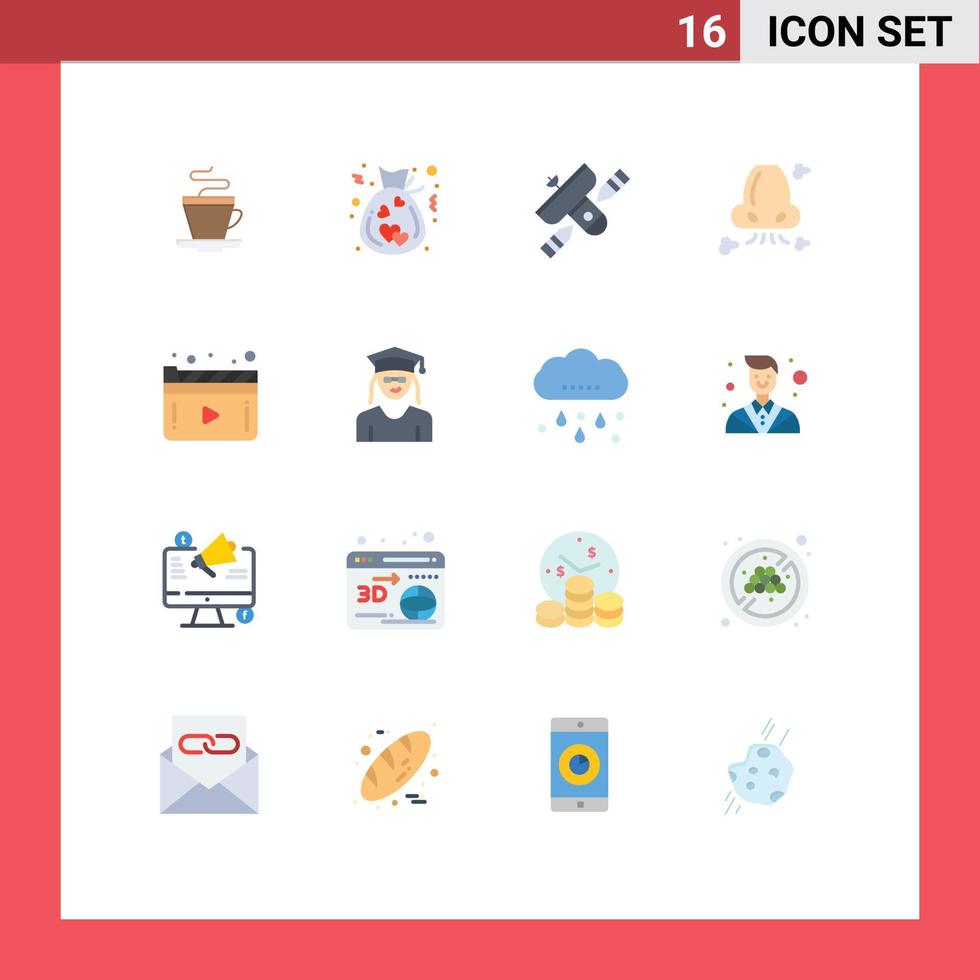Flat Color Pack of 16 Universal Symbols of pollution health broadcast breathe transmitter Editable Pack of Creative Vector Design Elements