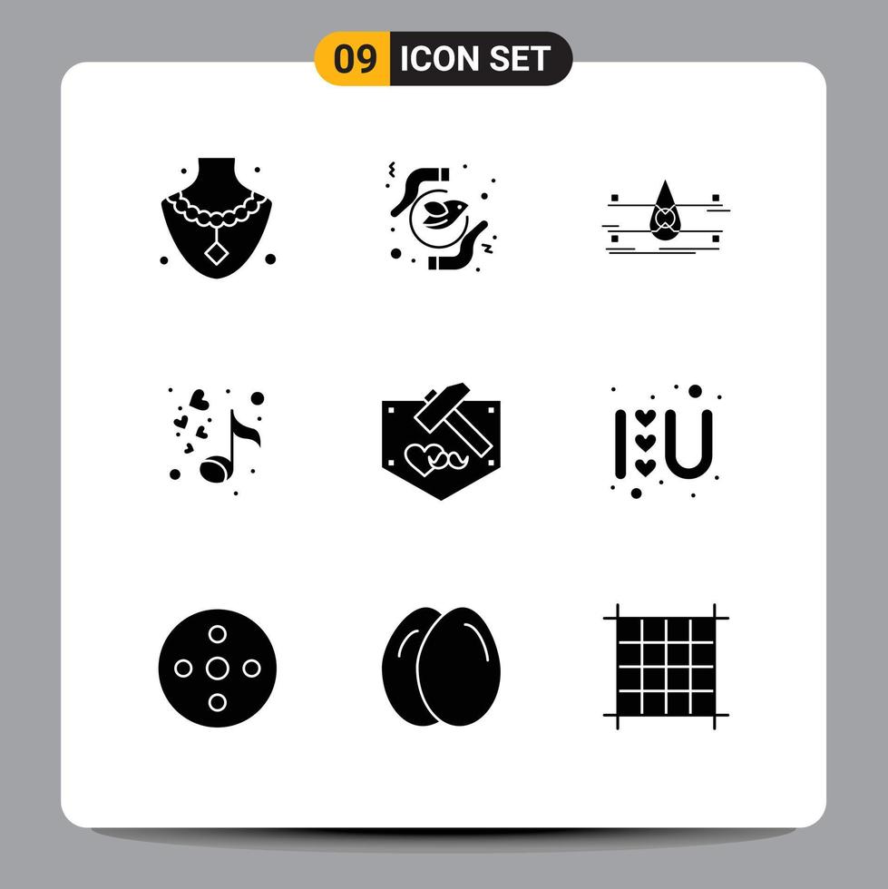 Set of 9 Vector Solid Glyphs on Grid for day romantic water music smart city Editable Vector Design Elements