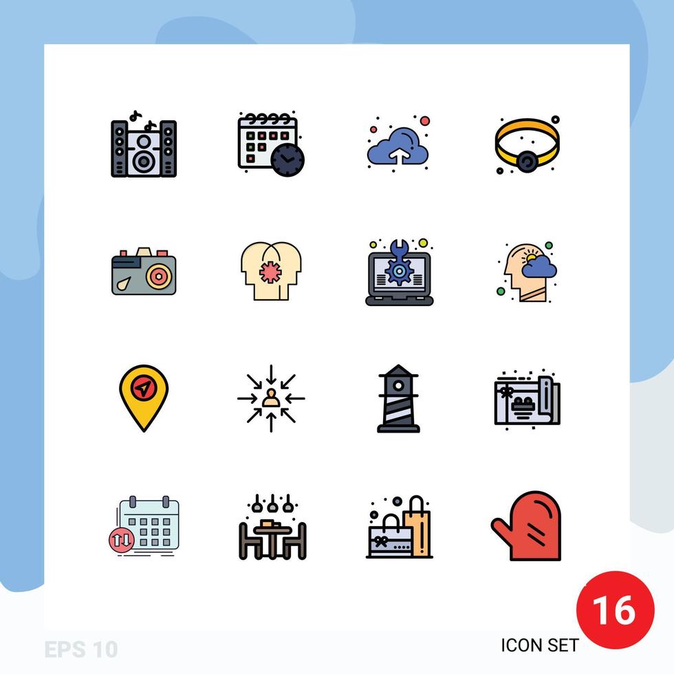 Pack of 16 Modern Flat Color Filled Lines Signs and Symbols for Web Print Media such as control picture upload image camera Editable Creative Vector Design Elements