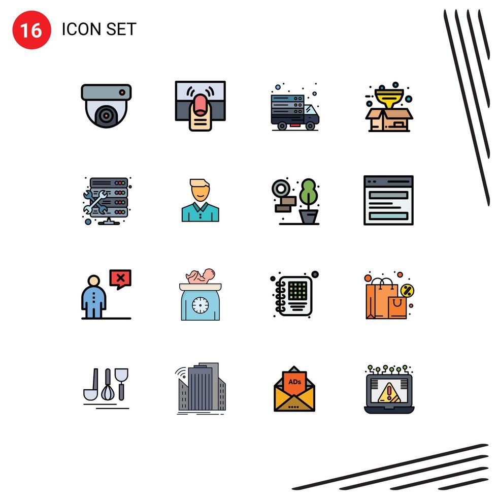 grupo de 16 líneas rellenas de color plano, signos y símbolos para alojar elementos de diseño de vectores creativos editables de la caja de productos de Internet del filtro