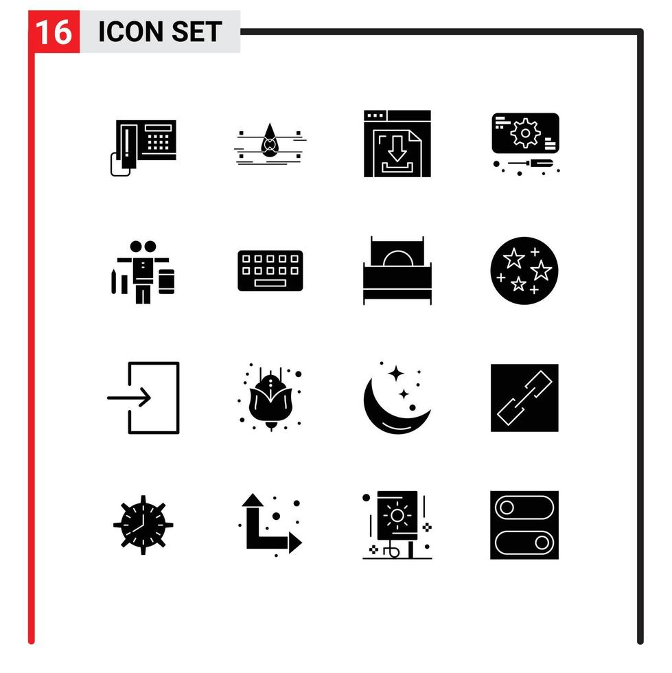Group of 16 Solid Glyphs Signs and Symbols for balance repairs smart city recuperation multimedia Editable Vector Design Elements
