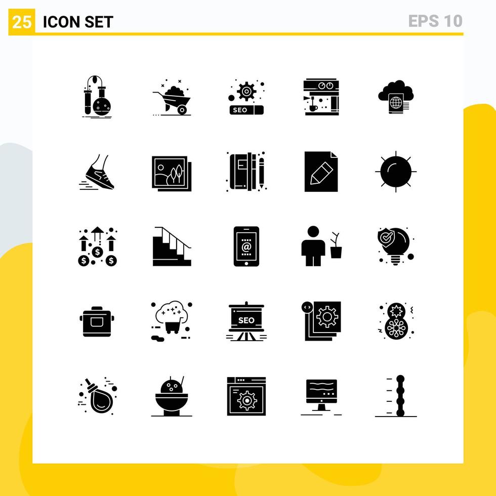 Solid Glyph Pack of 25 Universal Symbols of folder cloud spring maker coffee Editable Vector Design Elements