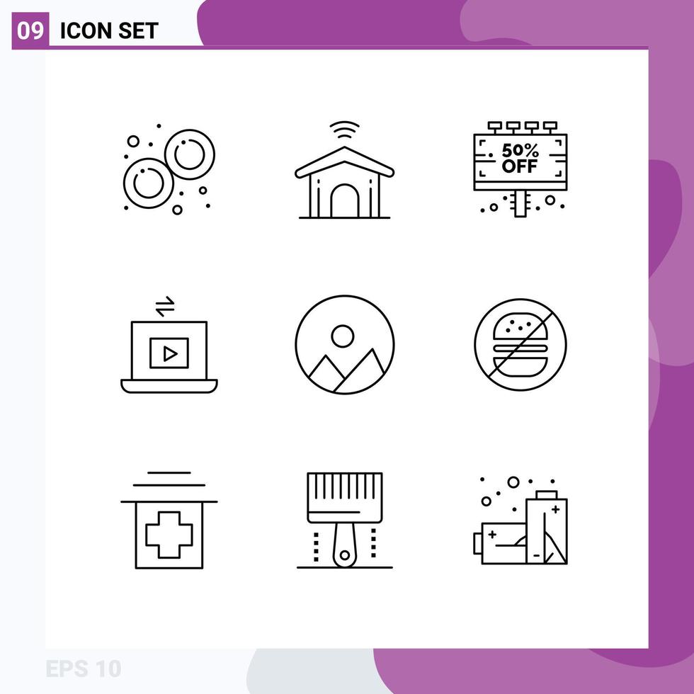 Group of 9 Modern Outlines Set for image share sign video offer Editable Vector Design Elements