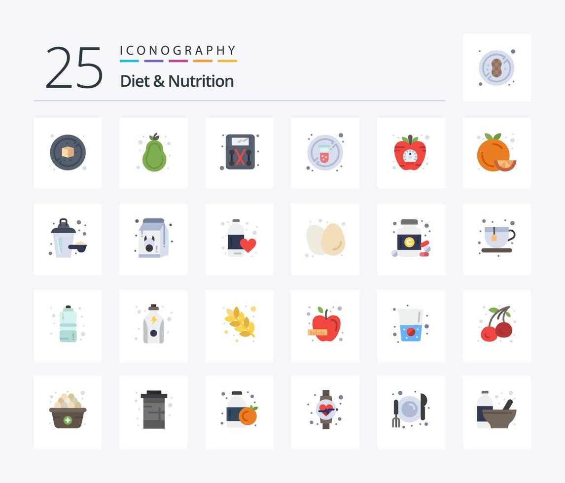 Diet And Nutrition 25 Flat Color icon pack including vegetable. diet. scale. apple. tube vector