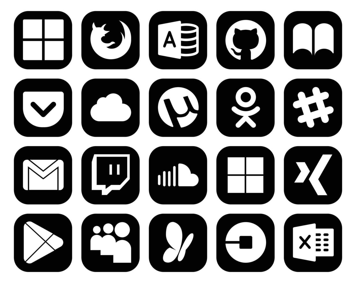 Paquete de 20 íconos de redes sociales que incluye sonido twitch utorrent mail gmail vector