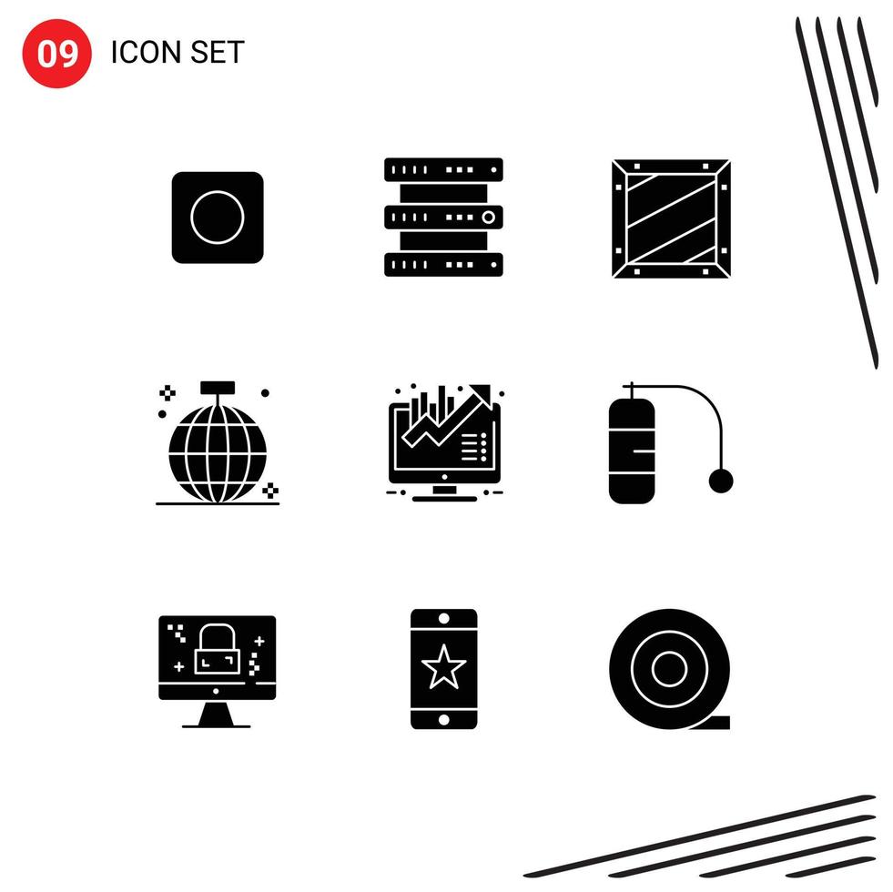 Pack of 9 creative Solid Glyphs of business disco coding club ball Editable Vector Design Elements