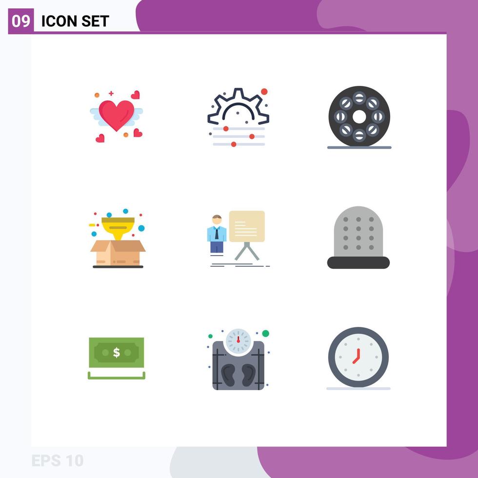 Universal Icon Symbols Group of 9 Modern Flat Colors of chart presentation movie filter package Editable Vector Design Elements