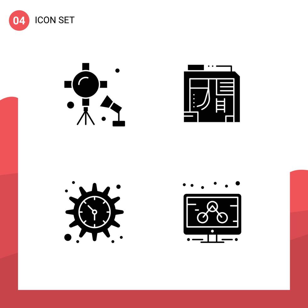4 Universal Solid Glyphs Set for Web and Mobile Applications illumination gear studio lightning box time Editable Vector Design Elements