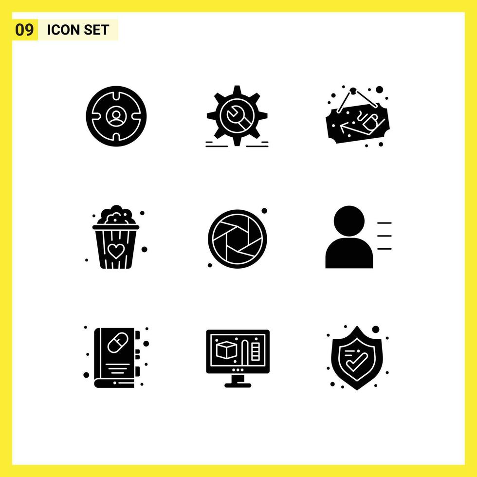9 Universal Solid Glyph Signs Symbols of camera popcorn wrench food shop Editable Vector Design Elements
