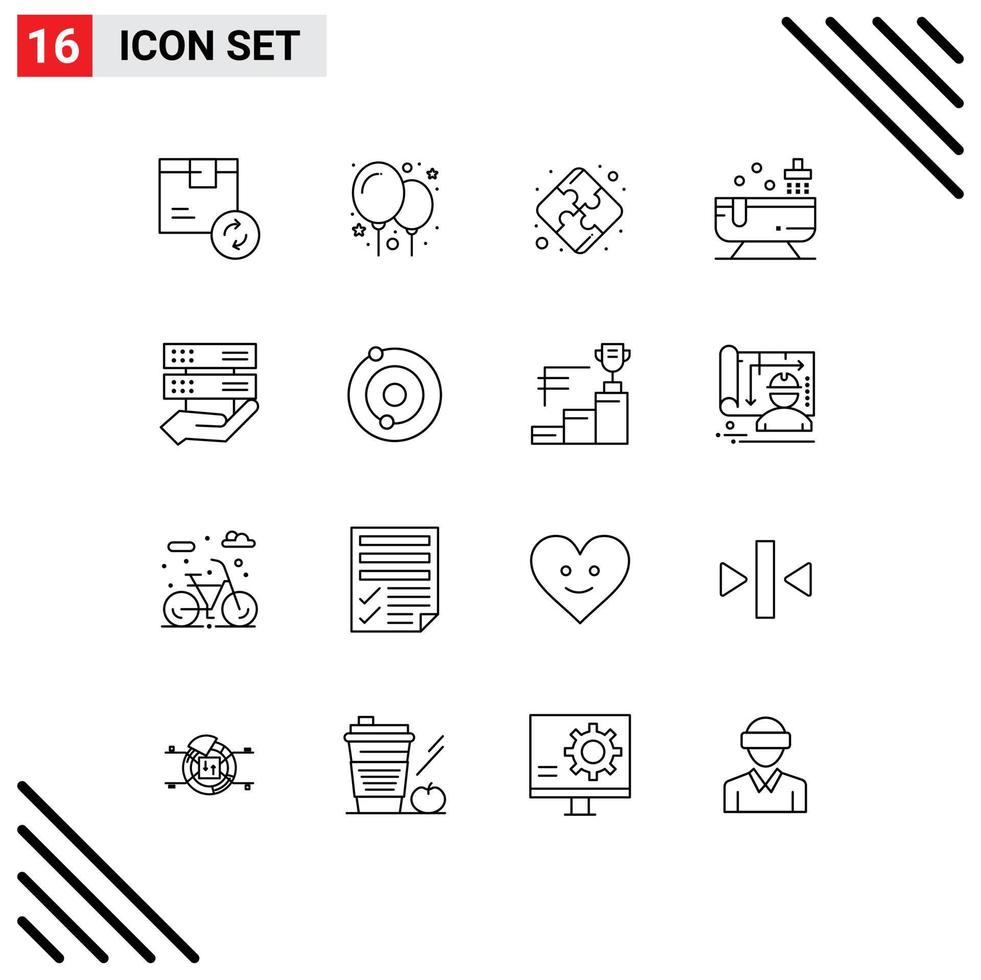 Modern Set of 16 Outlines Pictograph of share data puzzle water bathtub Editable Vector Design Elements