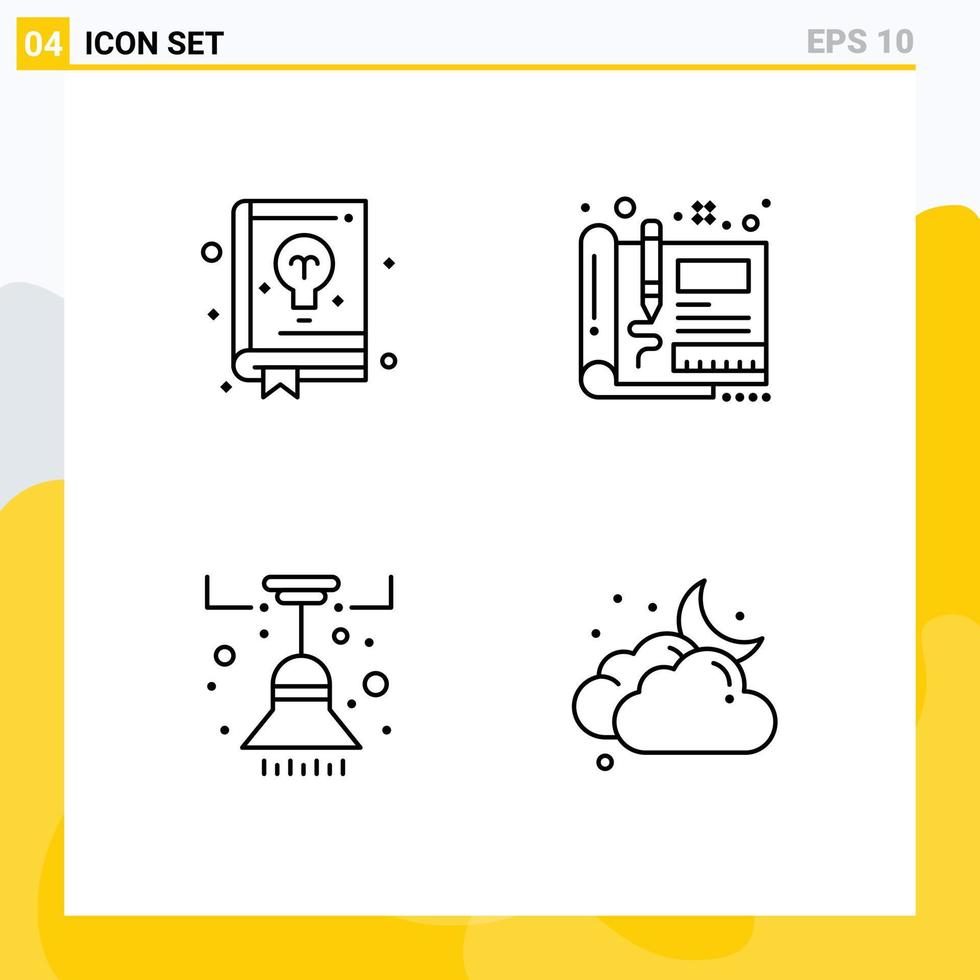 Pack of 4 creative Filledline Flat Colors of book chandelier learning engineering lamp Editable Vector Design Elements