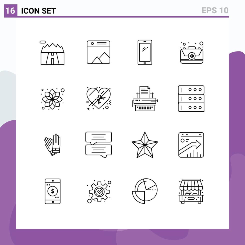 grupo universal de símbolos de iconos de 16 contornos modernos de elementos de diseño de vectores editables de iphone de emergencia de primer teléfono de belleza