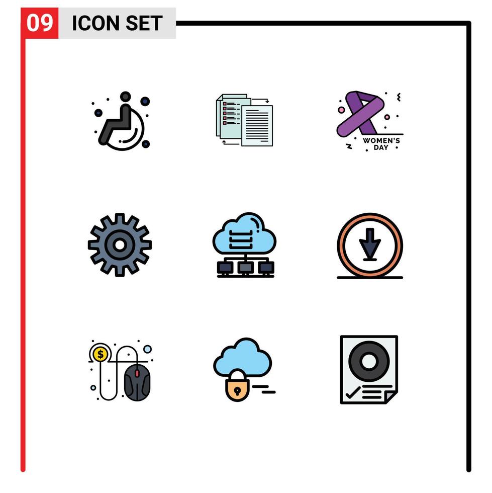 Set of 9 Vector Filledline Flat Colors on Grid for computer cogs awareness wheel gear Editable Vector Design Elements