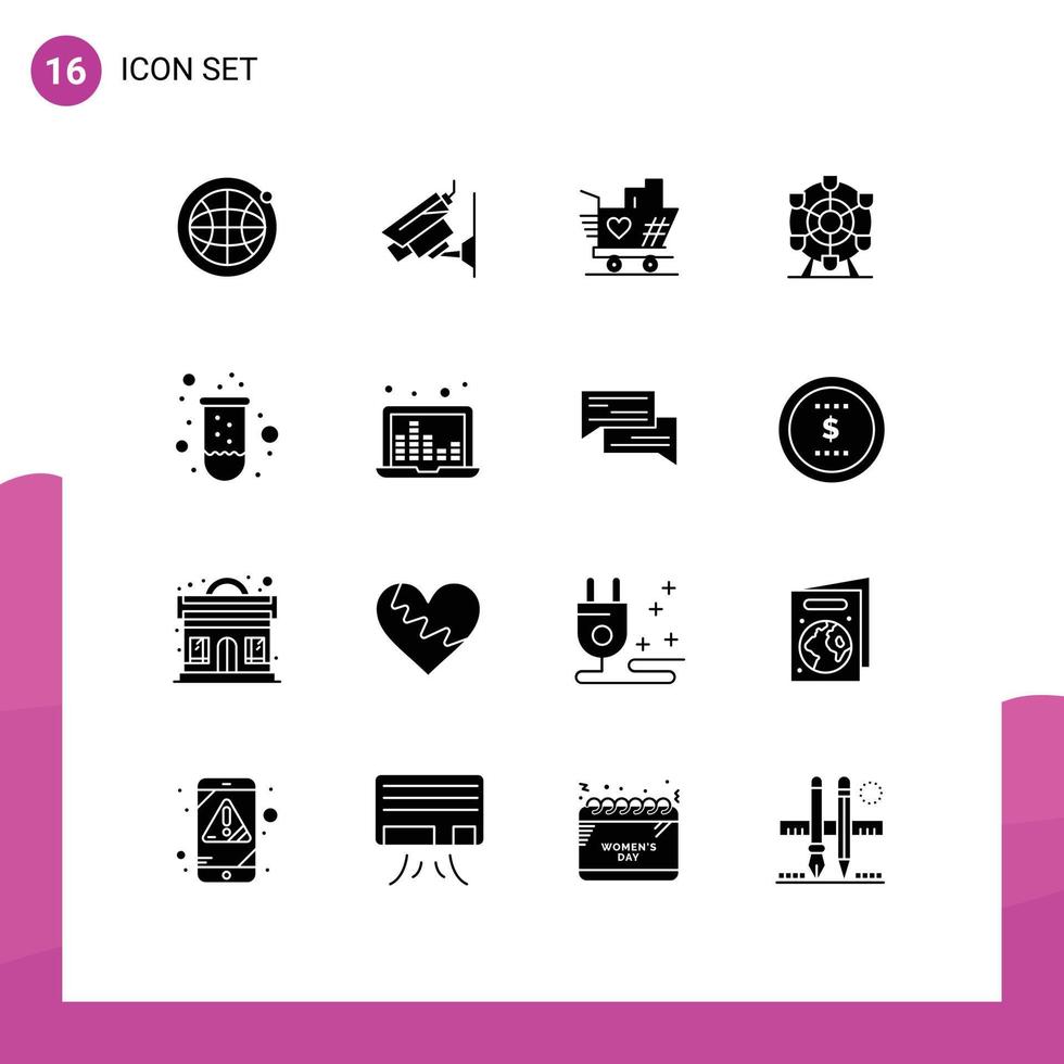 Pack of 16 Modern Solid Glyphs Signs and Symbols for Web Print Media such as tube test love experiment park Editable Vector Design Elements