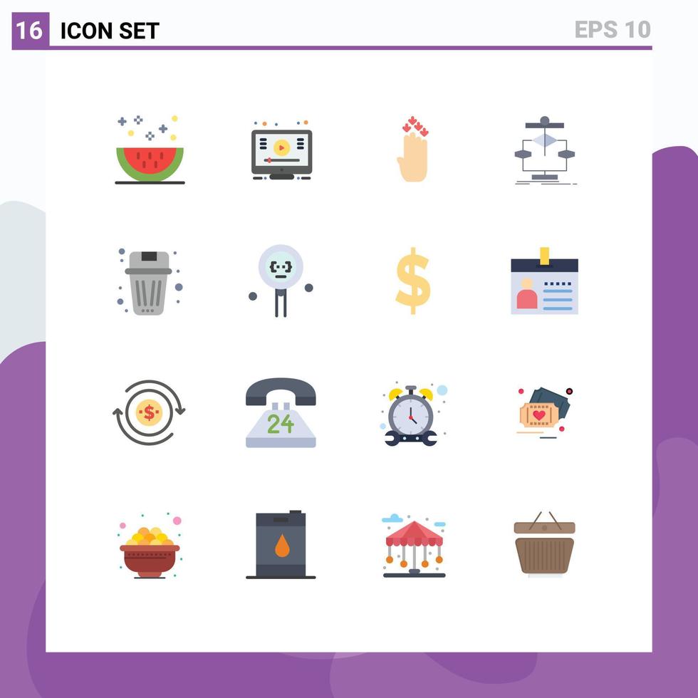 Mobile Interface Flat Color Set of 16 Pictograms of flow data youtube chart down Editable Pack of Creative Vector Design Elements