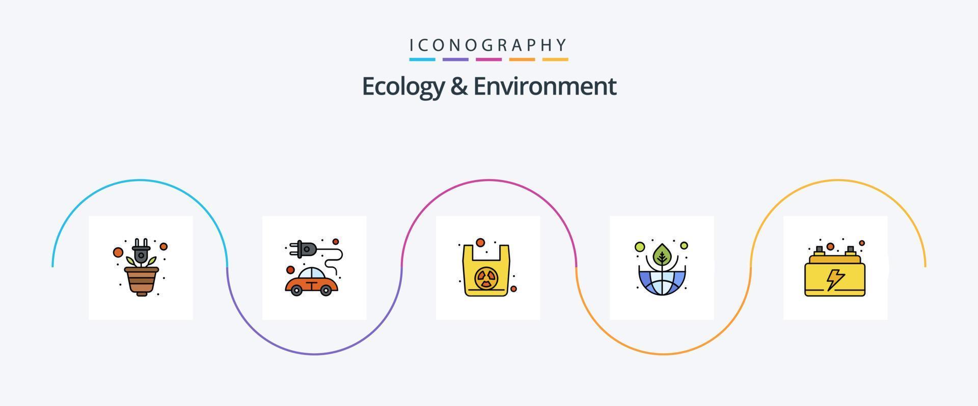 La línea de ecología y medio ambiente llenó el paquete de iconos planos 5 que incluye electricidad. ahorrar. orgánico. planeta. tierra vector