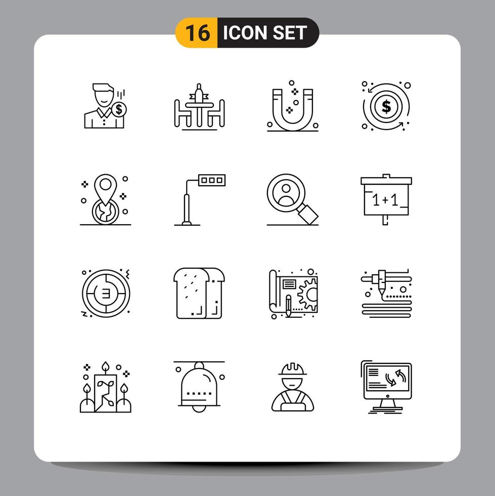 Universal Icon Symbols Group of 16 Modern Outlines of arrow magnetic conference magnet attract Editable Vector Design Elements