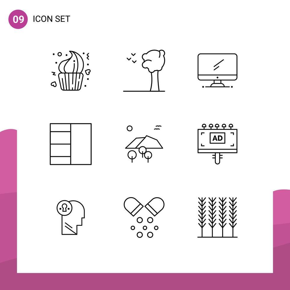 Set of 9 Vector Outlines on Grid for tree landscape computer layout pc Editable Vector Design Elements