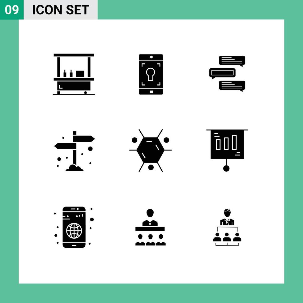 9 Universal Solid Glyphs Set for Web and Mobile Applications biology direction chat camping talks Editable Vector Design Elements