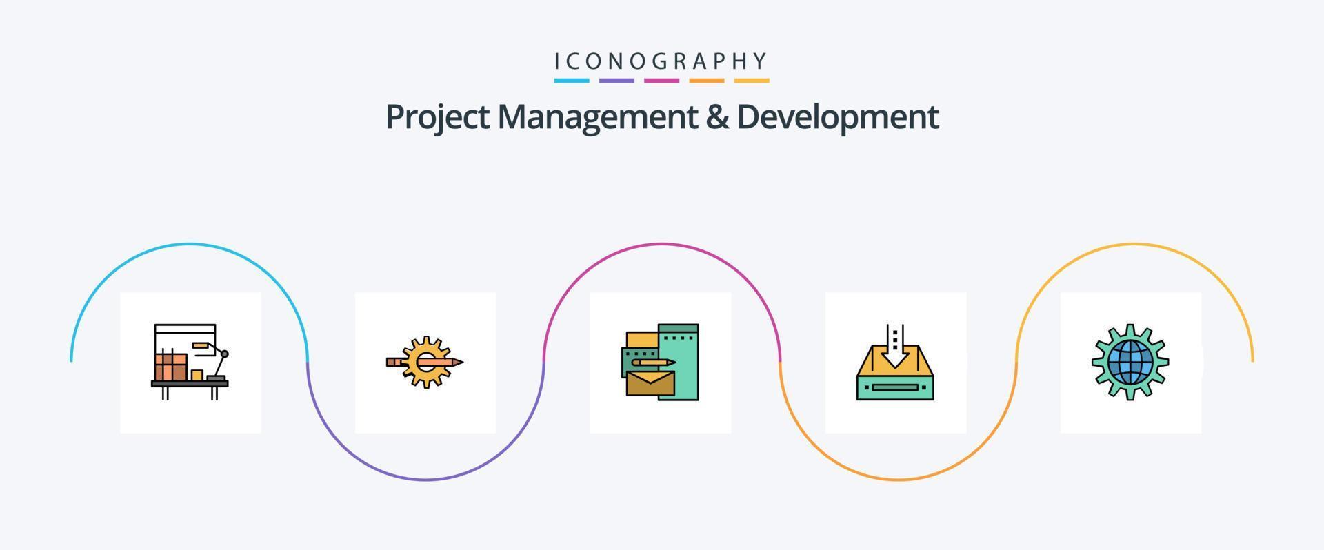 Project Management And Development Line Filled Flat 5 Icon Pack Including document. box. gear. inbox. identity vector