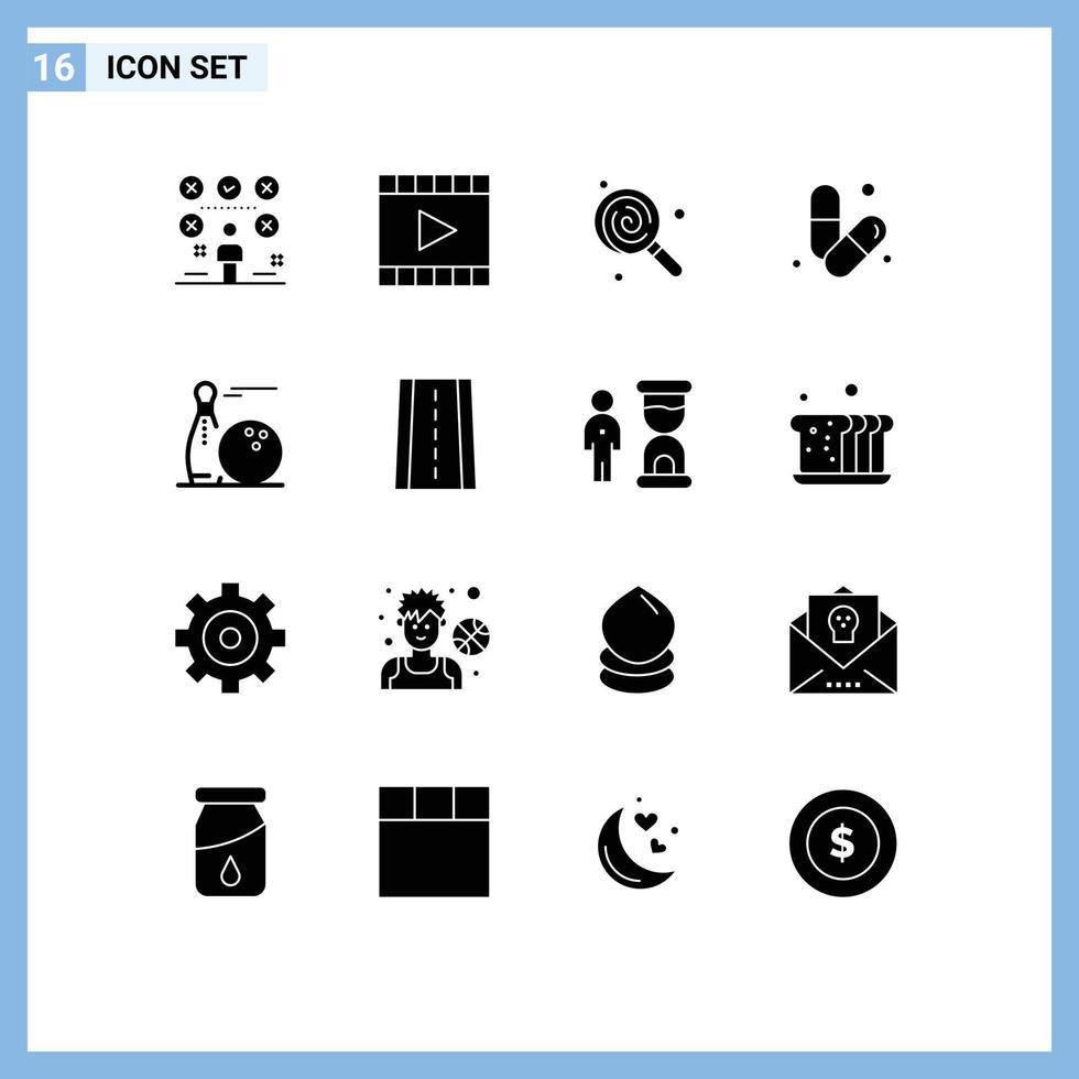 Modern Set of 16 Solid Glyphs Pictograph of muscle gym player body lollipop Editable Vector Design Elements