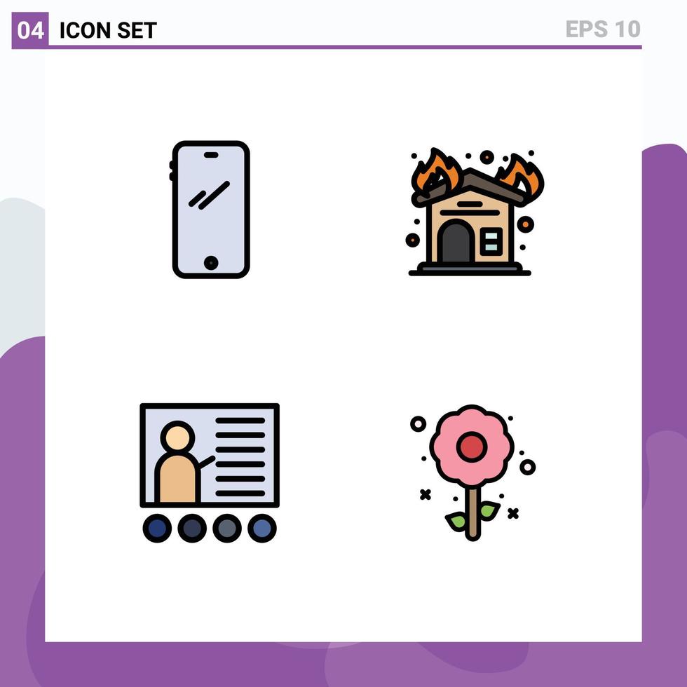 paquete de interfaz de usuario de 4 colores planos básicos de línea rellena de elementos de diseño de vector editables de educación de chimenea android de pizarra de teléfono