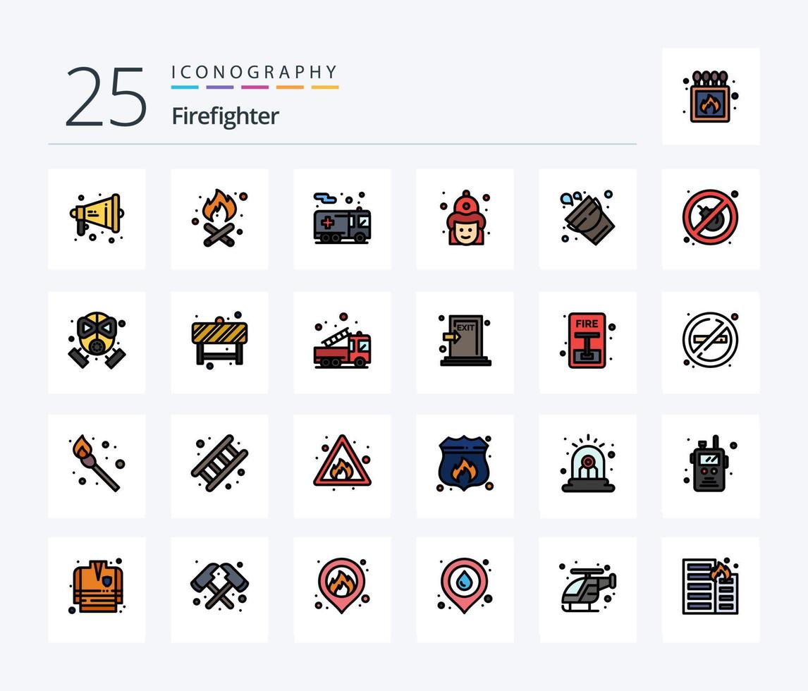 Firefighter 25 Line Filled icon pack including fire. hat. fire. firemen. fire vector